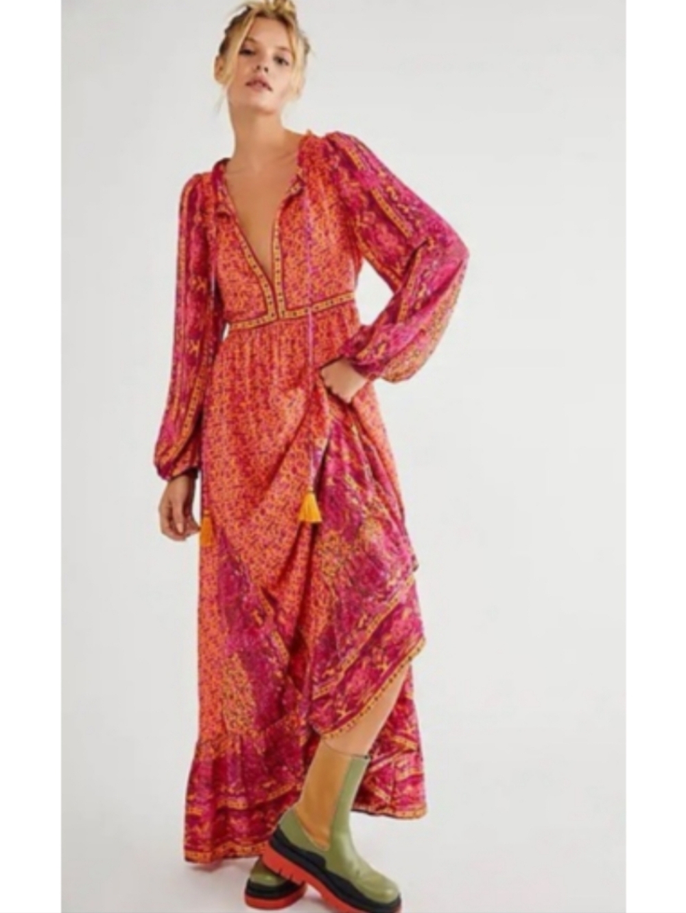 FREE PEOPLE 'Happy Feelings' Golden Combo Boho Festival Dress M - Picture 2 of 9